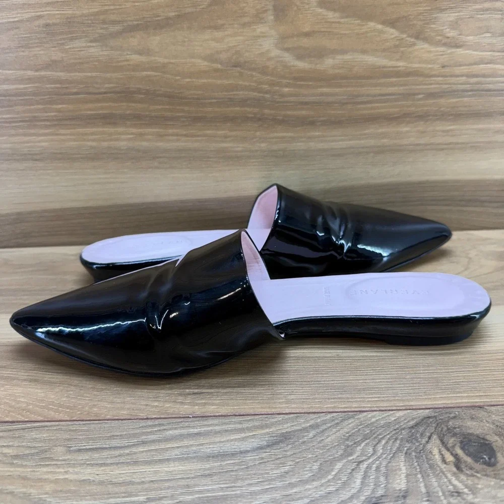 Everlane The Boss Pointed Toe Mule 9 Black Patent Leather Flat Minimalist Modern